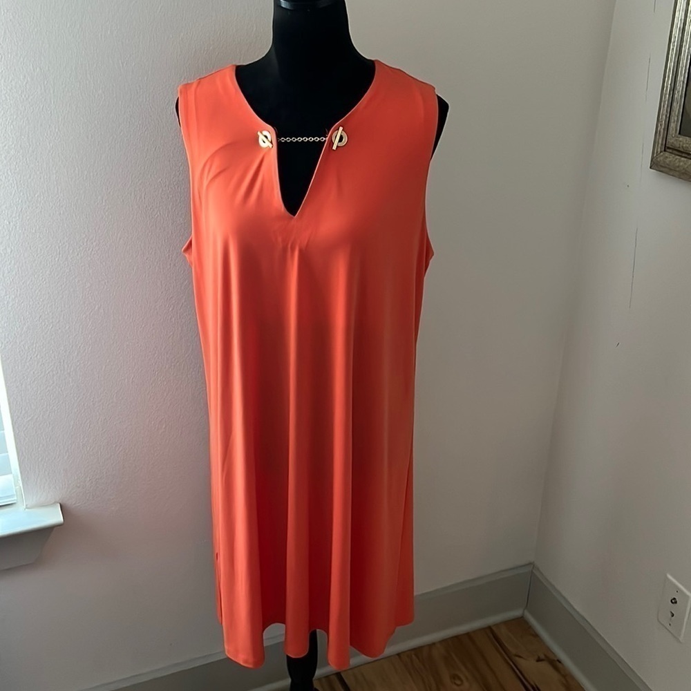 Calvin Klein orange sleeveless shift dress golden chain detailing Sz 14